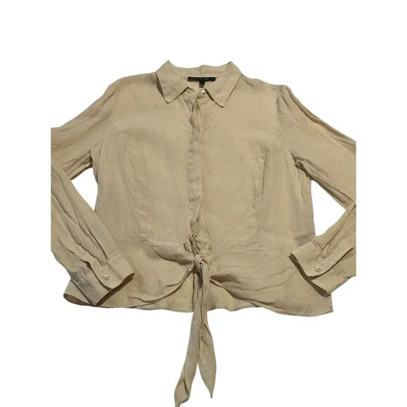 Lafayette 148 Size 12 100% Linen Dark Cream Tie‎ Front Shirt Top Blouse #T4-3 - Picture 3 of 9
